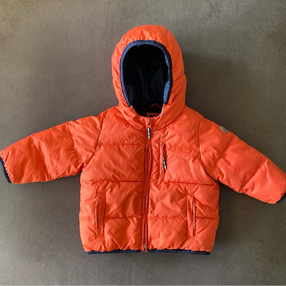 Baby Gap Orange and Navy Puffer Jacket with Hood 18-24 Months
